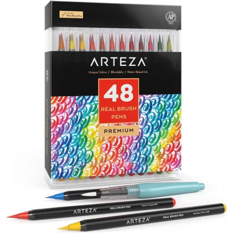 Arteza Real Brush Pens, 48 Colors for Watercolor Painting with Flexible Nylon Brush Tips, Paint Markers for Coloring, Calligraphy and Drawing with Water Brush for Artists and Beginner Painters