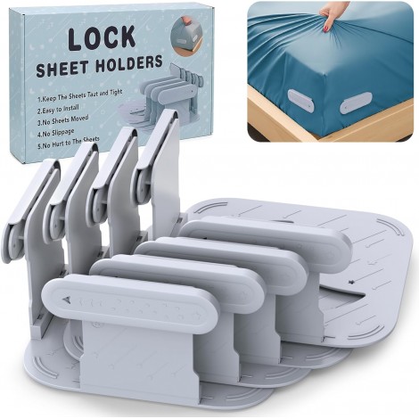 Upgrade Bed Sheet Holders for Corners, Lock Sheet Holders, 4Pcs Fitted Sheet Holders Keep Sheets Firm & Tight,Durable Heavy Duty Bed Sheet Clips, Sheet Locks, Fit All Mattress Easy Install